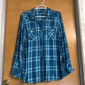 Teal blue and white plaid button up